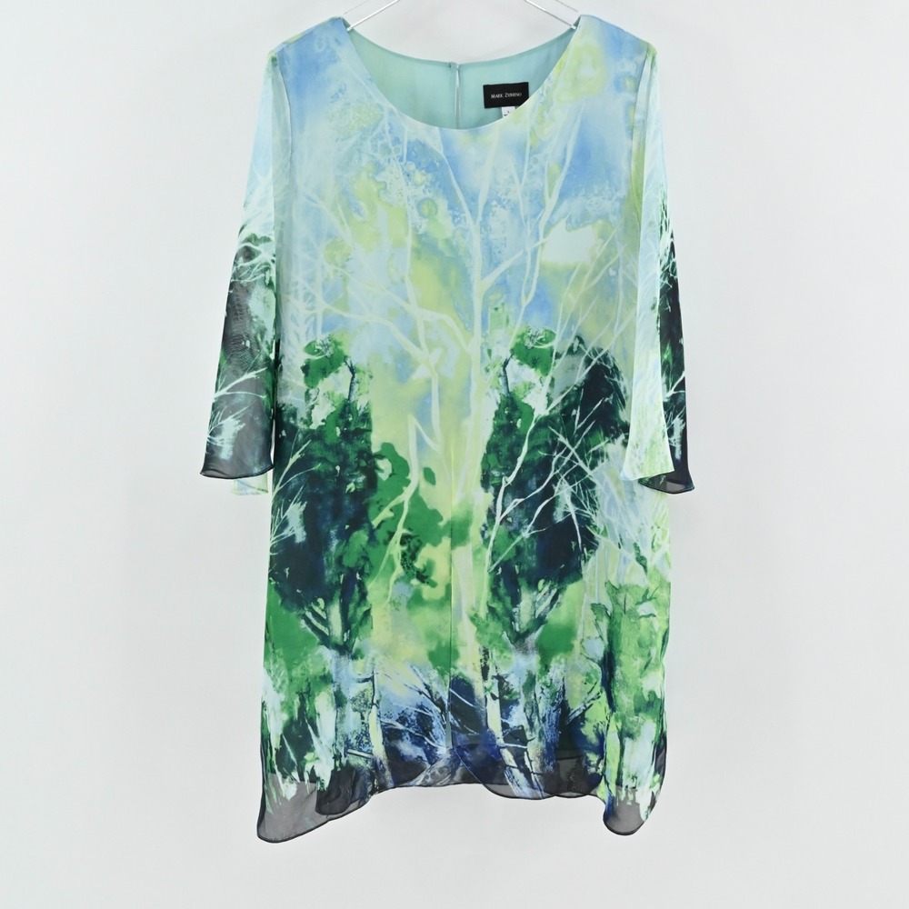 Mark Zunino Tunic Blouse Womens Size L Green Forest Abstract Chiffon Lined Top